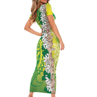 Cook Islands Tiare Maori With Conch Shell Short Sleeve Bodycon Dress Pasifika Fest Polynesian Tattoo Green LT14 - Polynesian Pride