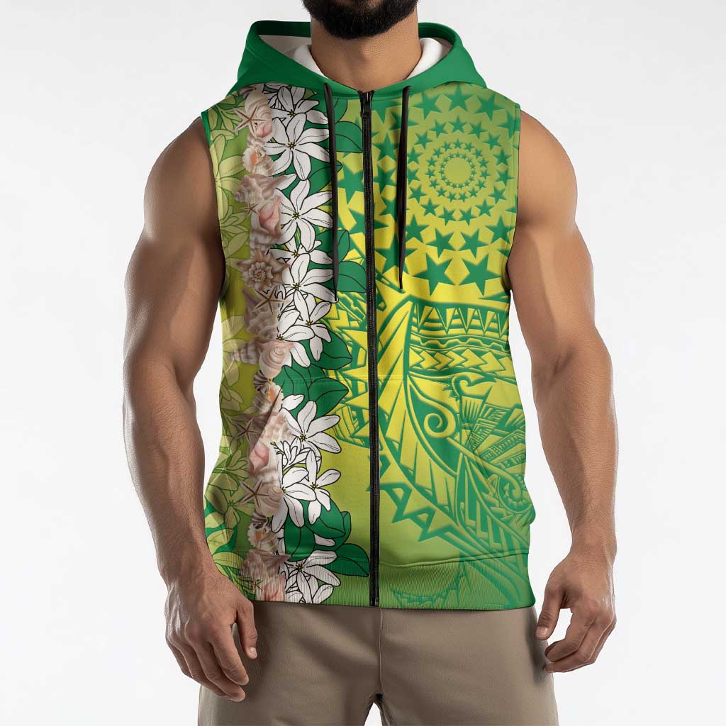 Cook Islands Tiare Maori With Conch Shell Sleeveless Zip Hoodie Pasifika Fest Polynesian Tattoo Green LT14 - Polynesian Pride