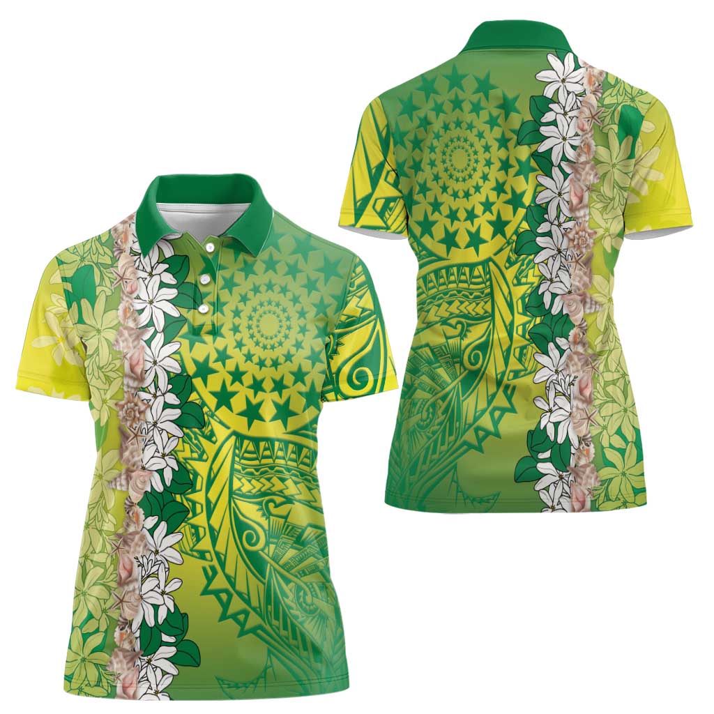 Cook Islands Tiare Maori With Conch Shell Women Polo Shirt Pasifika Fest Polynesian Tattoo Green LT14 - Polynesian Pride