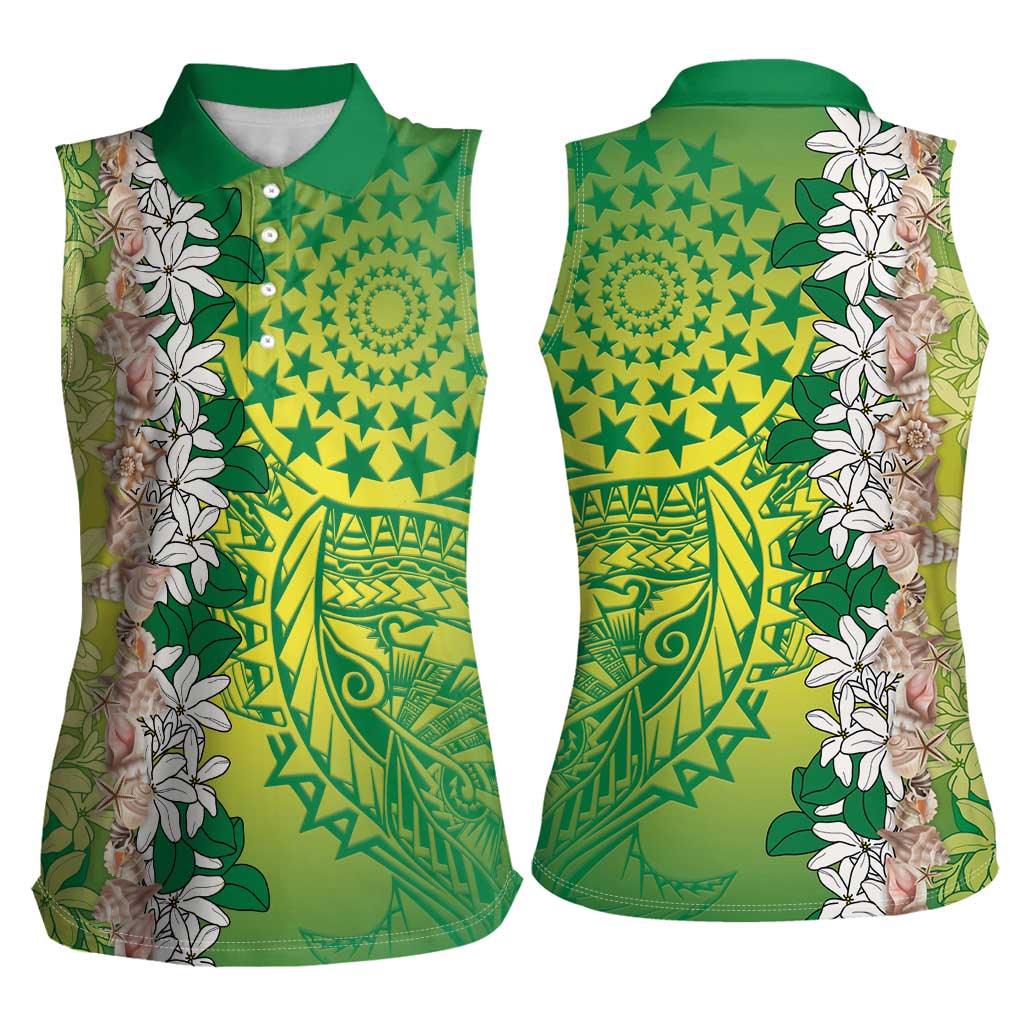 Cook Islands Tiare Maori With Conch Shell Women Sleeveless Polo Shirt Pasifika Fest Polynesian Tattoo Green LT14 - Polynesian Pride