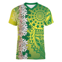 Cook Islands Tiare Maori With Conch Shell Women V-Neck T-Shirt Pasifika Fest Polynesian Tattoo Green LT14 Female Green - Polynesian Pride