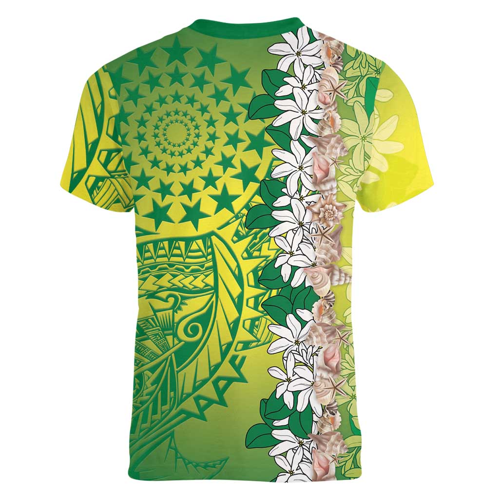 Cook Islands Tiare Maori With Conch Shell Women V-Neck T-Shirt Pasifika Fest Polynesian Tattoo Green LT14 - Polynesian Pride