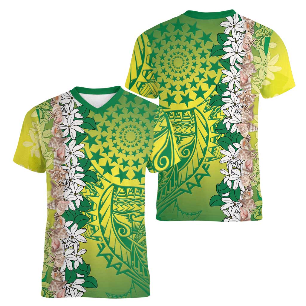 Cook Islands Tiare Maori With Conch Shell Women V-Neck T-Shirt Pasifika Fest Polynesian Tattoo Green LT14 - Polynesian Pride