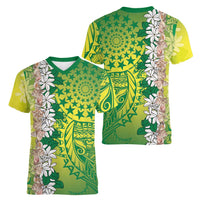 Cook Islands Tiare Maori With Conch Shell Women V-Neck T-Shirt Pasifika Fest Polynesian Tattoo Green LT14 - Polynesian Pride