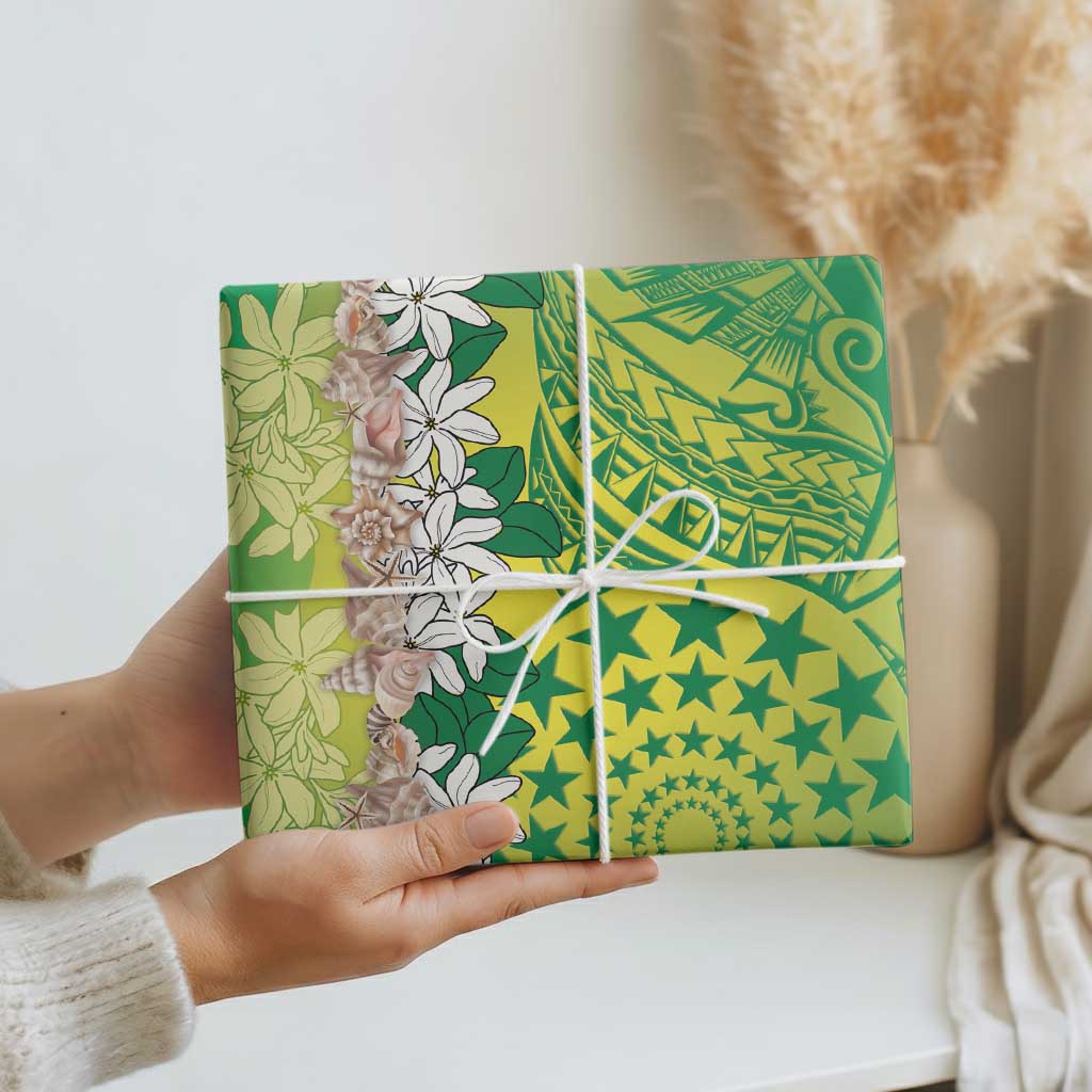 Cook Islands Tiare Maori With Conch Shell Wrapping Paper Pasifika Fest Polynesian Tattoo Green