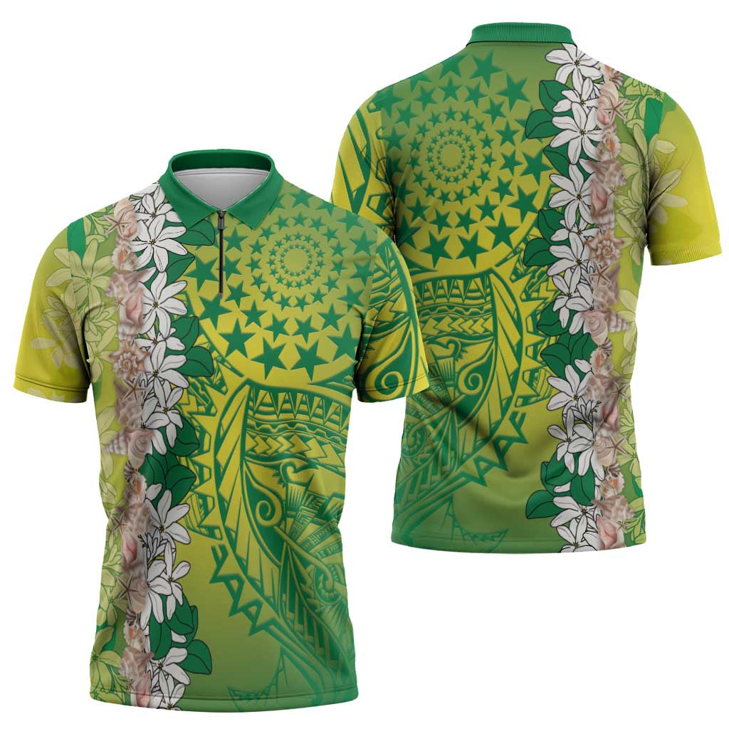 Cook Islands Tiare Maori With Conch Shell Zipper Polo Shirt Pasifika Fest Polynesian Tattoo Green LT14 - Polynesian Pride