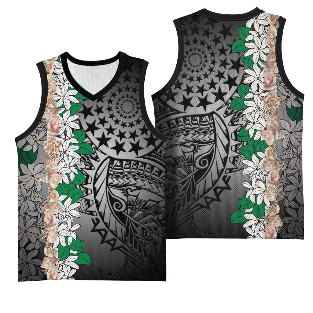 Cook Islands Tiare Maori With Conch Shell Basketball Jersey Pasifika Fest Polynesian Tattoo Black
