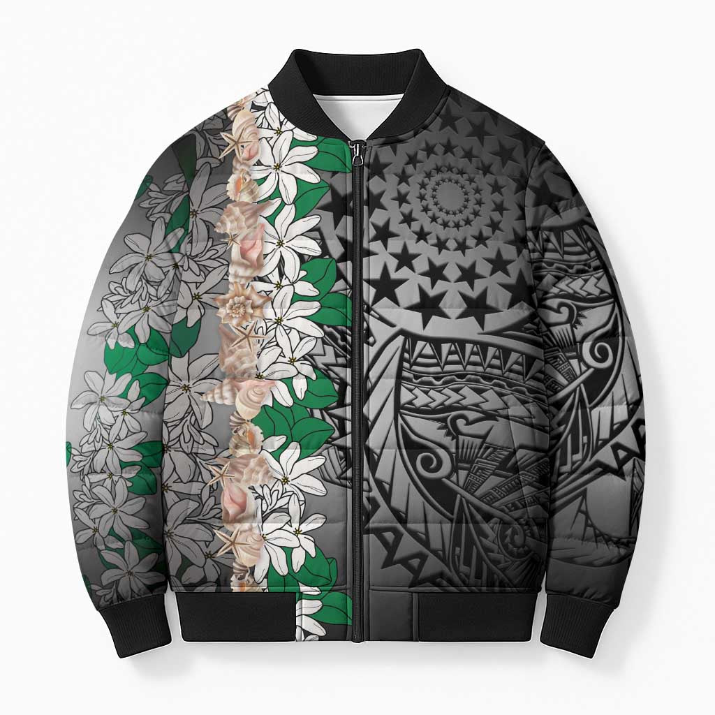 Cook Islands Tiare Maori With Conch Shell Bomber Puffer Jacket Pasifika Fest Polynesian Tattoo Black