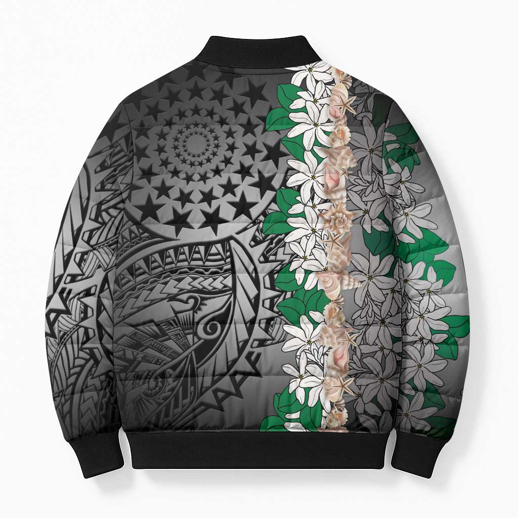 Cook Islands Tiare Maori With Conch Shell Bomber Puffer Jacket Pasifika Fest Polynesian Tattoo Black