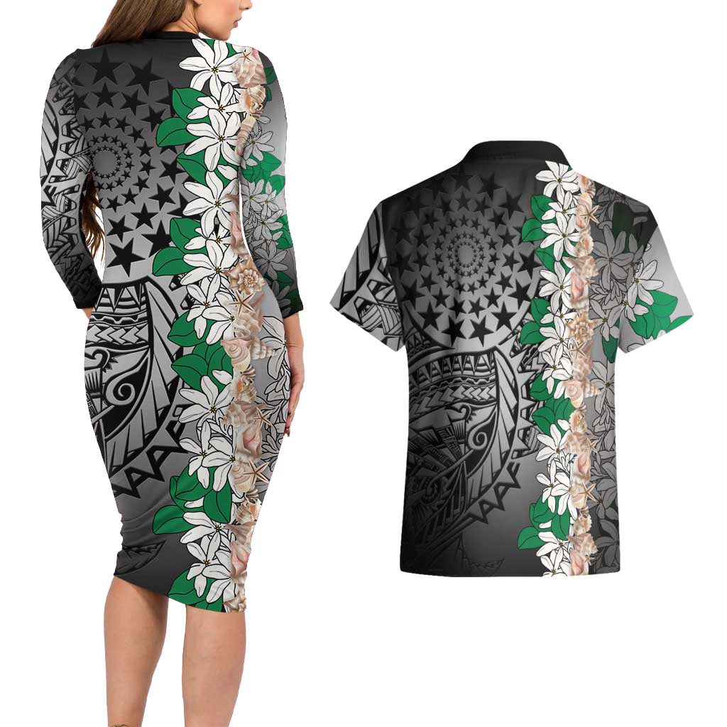 Cook Islands Tiare Maori With Conch Shell Couples Matching Long Sleeve Bodycon Dress and Hawaiian Shirt Pasifika Fest Polynesian Tattoo Black LT14 - Polynesian Pride