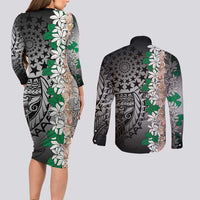 Cook Islands Tiare Maori With Conch Shell Couples Matching Long Sleeve Bodycon Dress and Long Sleeve Button Shirt Pasifika Fest Polynesian Tattoo Black LT14 - Polynesian Pride