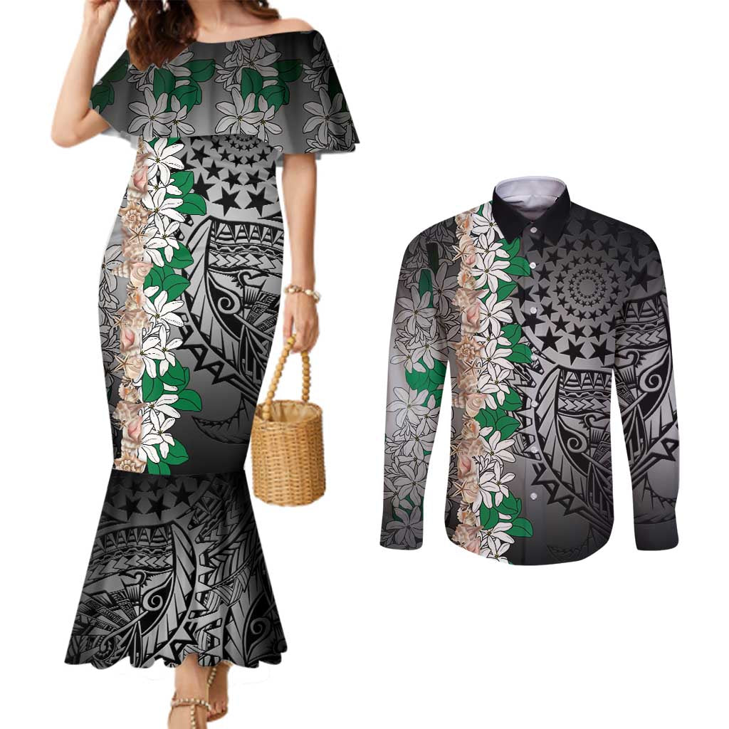 Cook Islands Tiare Maori With Conch Shell Couples Matching Mermaid Dress and Long Sleeve Button Shirt Pasifika Fest Polynesian Tattoo Black LT14 Black - Polynesian Pride