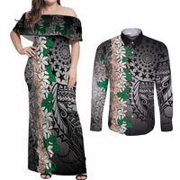 Cook Islands Tiare Maori With Conch Shell Couples Matching Off Shoulder Maxi Dress and Long Sleeve Button Shirt Pasifika Fest Polynesian Tattoo Black LT14 Black - Polynesian Pride