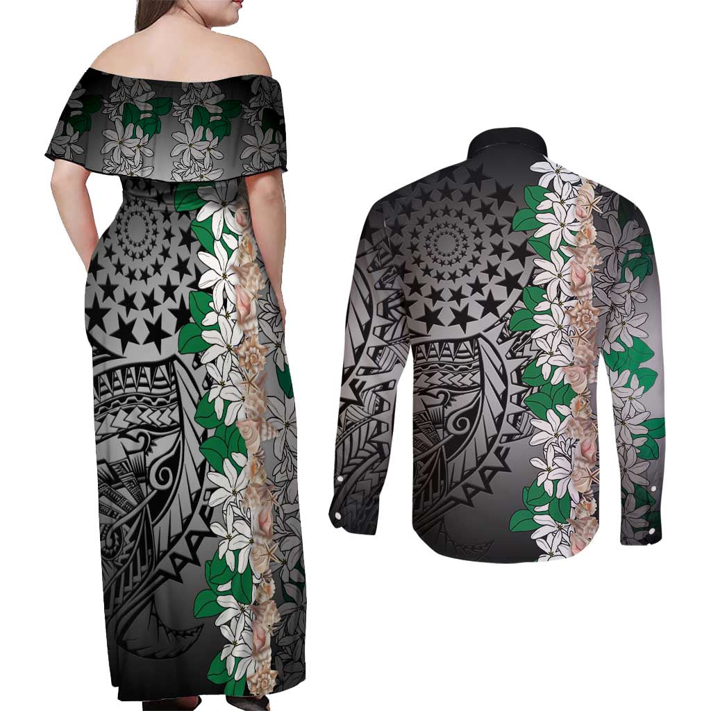 Cook Islands Tiare Maori With Conch Shell Couples Matching Off Shoulder Maxi Dress and Long Sleeve Button Shirt Pasifika Fest Polynesian Tattoo Black LT14 - Polynesian Pride