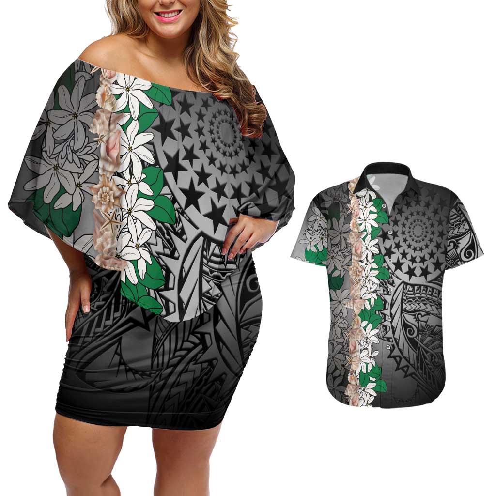 Cook Islands Tiare Maori With Conch Shell Couples Matching Off Shoulder Short Dress and Hawaiian Shirt Pasifika Fest Polynesian Tattoo Black LT14 Black - Polynesian Pride