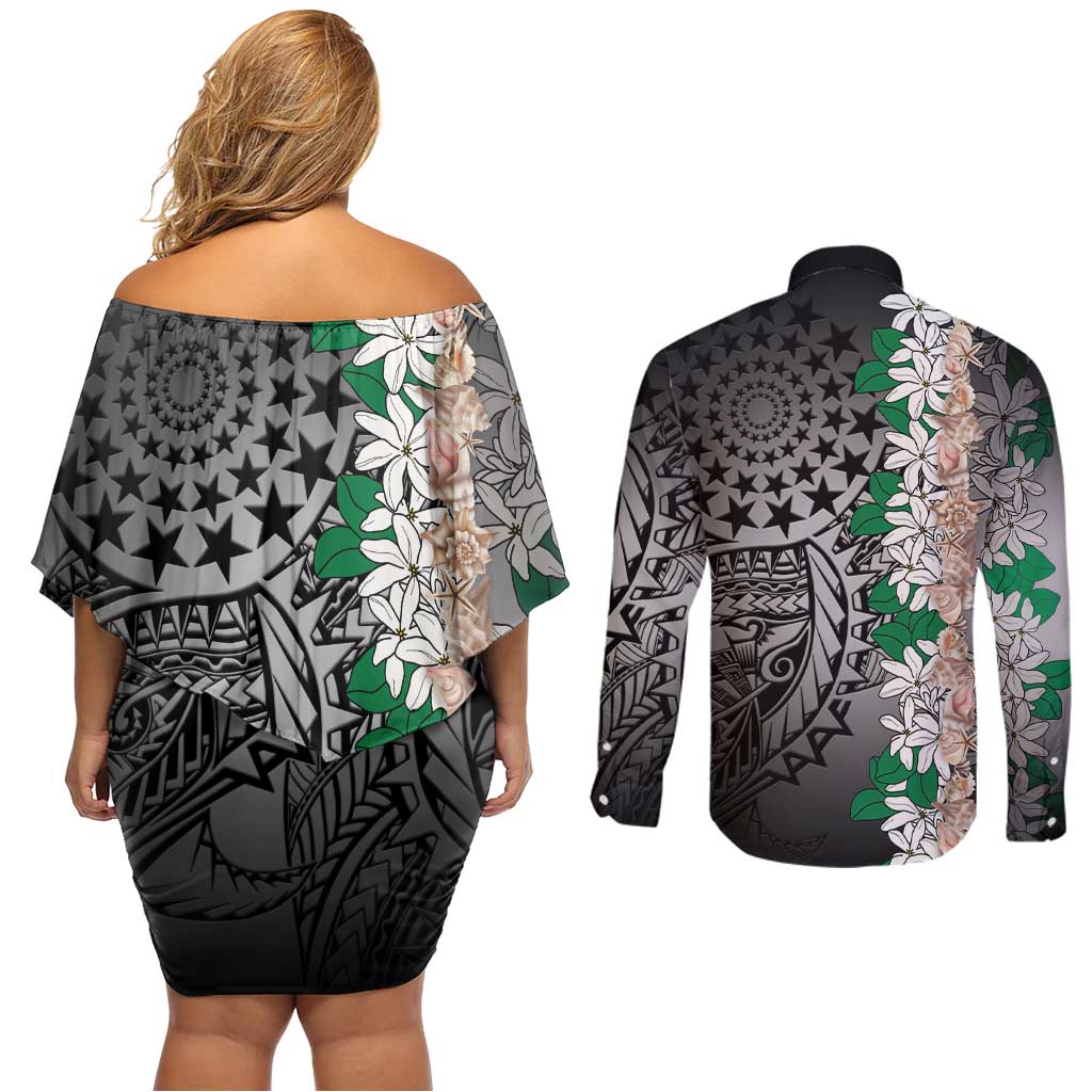 Cook Islands Tiare Maori With Conch Shell Couples Matching Off Shoulder Short Dress and Long Sleeve Button Shirt Pasifika Fest Polynesian Tattoo Black LT14 - Polynesian Pride
