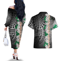 Cook Islands Tiare Maori With Conch Shell Couples Matching Off The Shoulder Long Sleeve Dress and Hawaiian Shirt Pasifika Fest Polynesian Tattoo Black LT14 - Polynesian Pride
