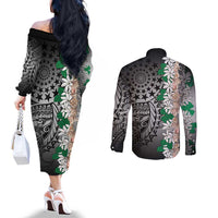 Cook Islands Tiare Maori With Conch Shell Couples Matching Off The Shoulder Long Sleeve Dress and Long Sleeve Button Shirt Pasifika Fest Polynesian Tattoo Black LT14 - Polynesian Pride