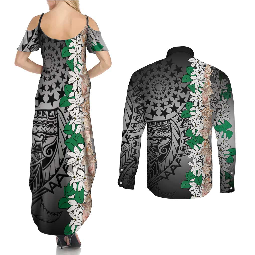 Cook Islands Tiare Maori With Conch Shell Couples Matching Summer Maxi Dress and Long Sleeve Button Shirt Pasifika Fest Polynesian Tattoo Black LT14 - Polynesian Pride