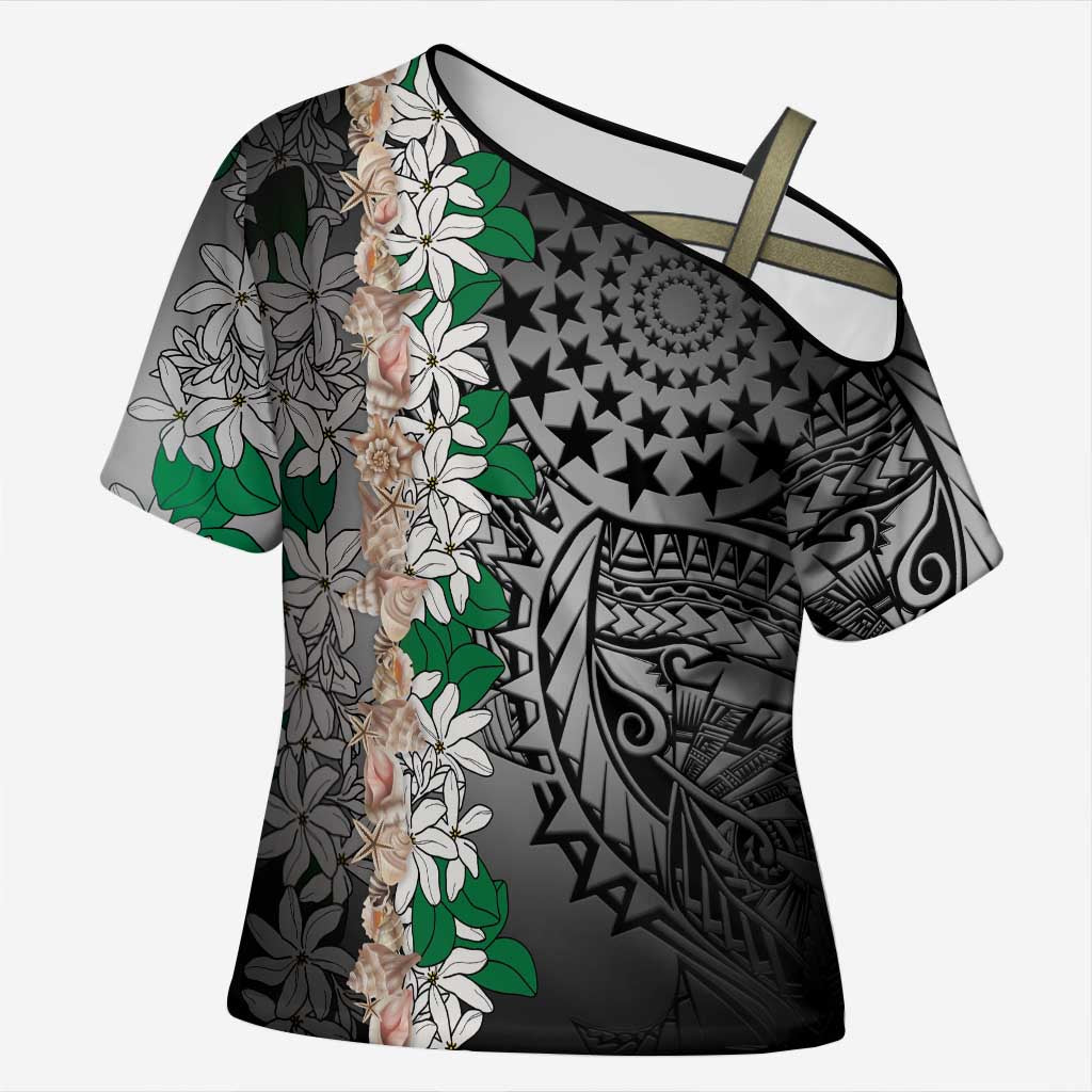 Cook Islands Tiare Maori With Conch Shell Cross Shoulder Shirt Pasifika Fest Polynesian Tattoo Black LT14 Female Black - Polynesian Pride