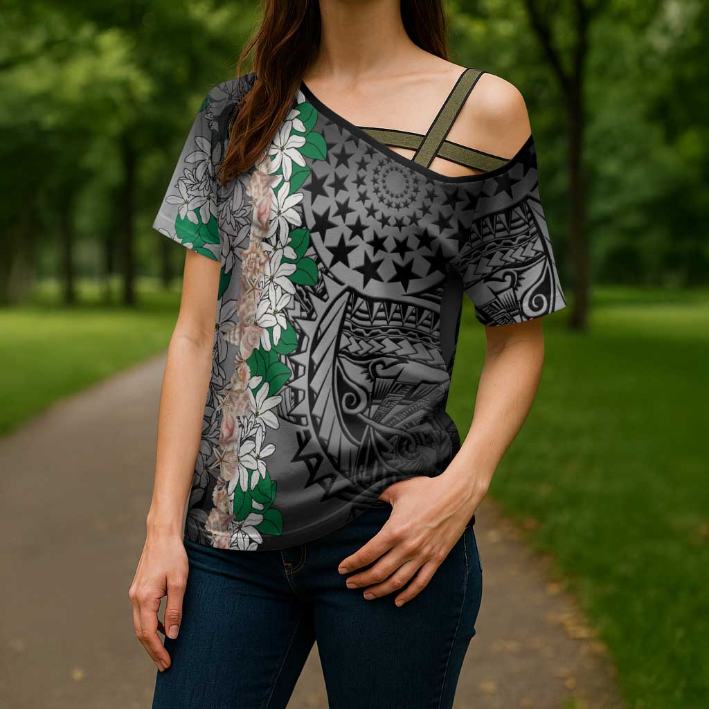 Cook Islands Tiare Maori With Conch Shell Cross Shoulder Shirt Pasifika Fest Polynesian Tattoo Black LT14 - Polynesian Pride