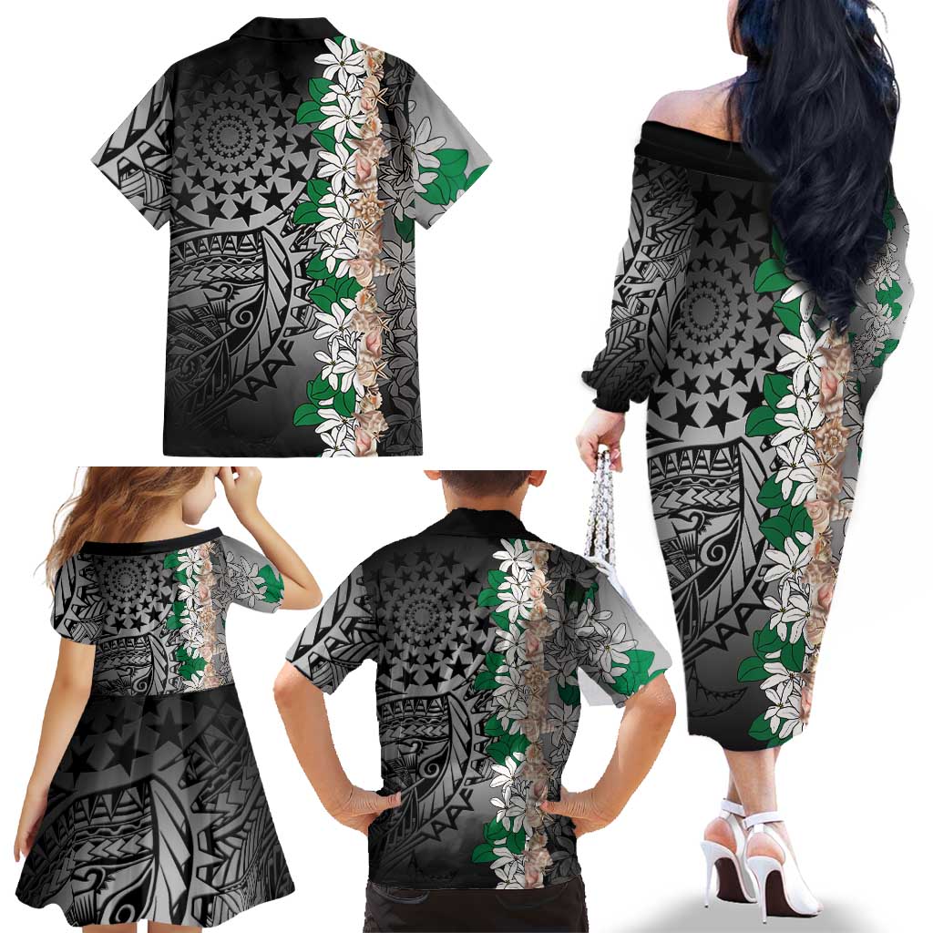 Cook Islands Tiare Maori With Conch Shell Family Matching Off The Shoulder Long Sleeve Dress and Hawaiian Shirt Pasifika Fest Polynesian Tattoo Black LT14 - Polynesian Pride