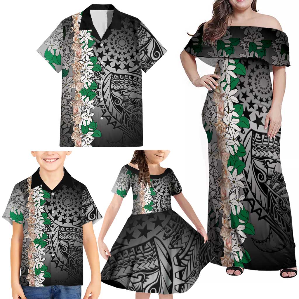 Cook Islands Tiare Maori With Conch Shell Family Matching Off Shoulder Maxi Dress and Hawaiian Shirt Pasifika Fest Polynesian Tattoo Black LT14 - Polynesian Pride