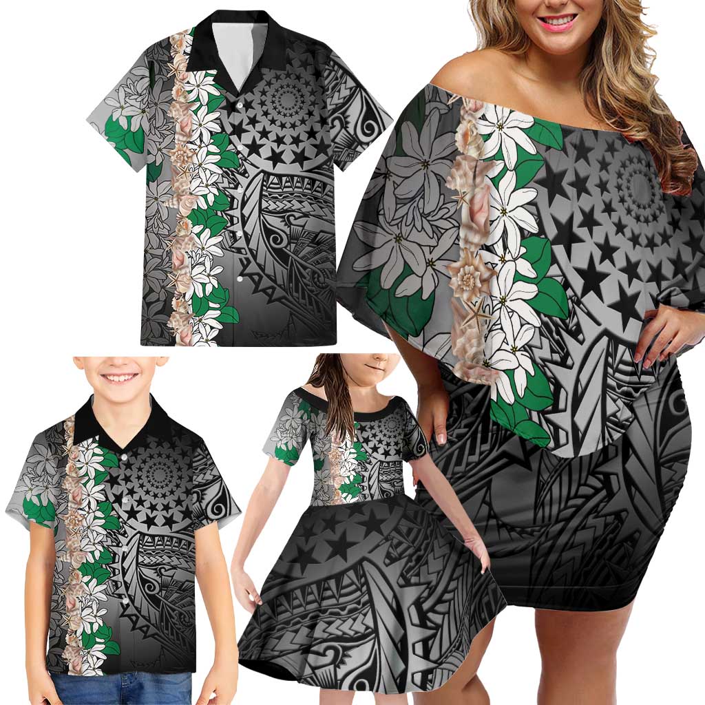 Cook Islands Tiare Maori With Conch Shell Family Matching Off Shoulder Short Dress and Hawaiian Shirt Pasifika Fest Polynesian Tattoo Black LT14 - Polynesian Pride