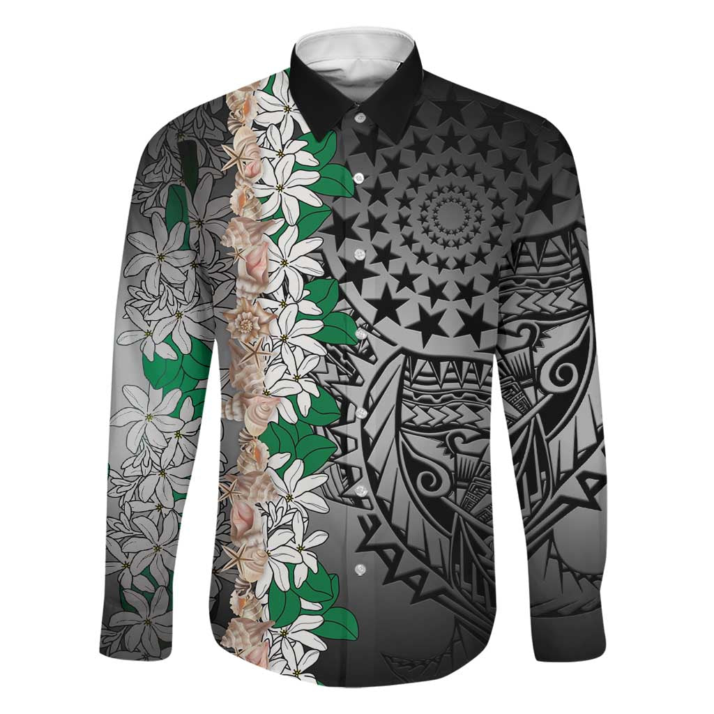 Cook Islands Tiare Maori With Conch Shell Family Matching Summer Maxi Dress and Hawaiian Shirt Pasifika Fest Polynesian Tattoo Black LT14 Dad's Shirt - Long Sleeve Black - Polynesian Pride