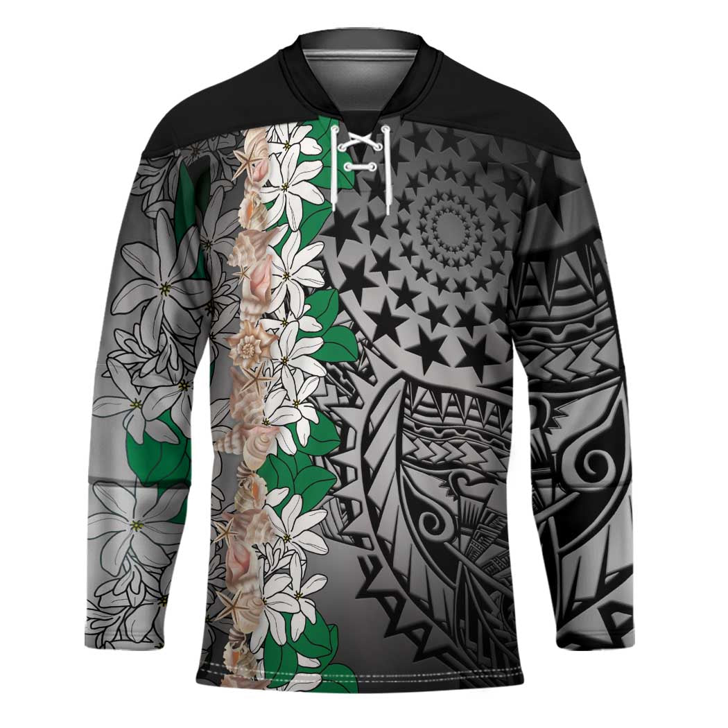 Cook Islands Tiare Maori With Conch Shell Hockey Jersey Pasifika Fest Polynesian Tattoo Black