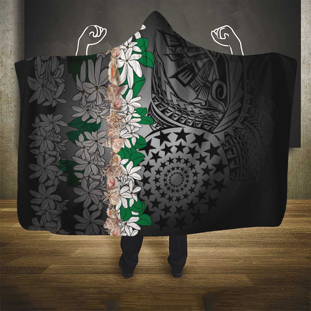 Cook Islands Tiare Maori With Conch Shell Hooded Blanket Pasifika Fest Polynesian Tattoo Black