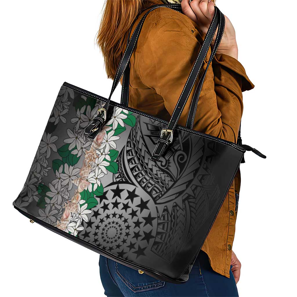 Cook Islands Tiare Maori With Conch Shell Leather Tote Bag Pasifika Fest Polynesian Tattoo Black