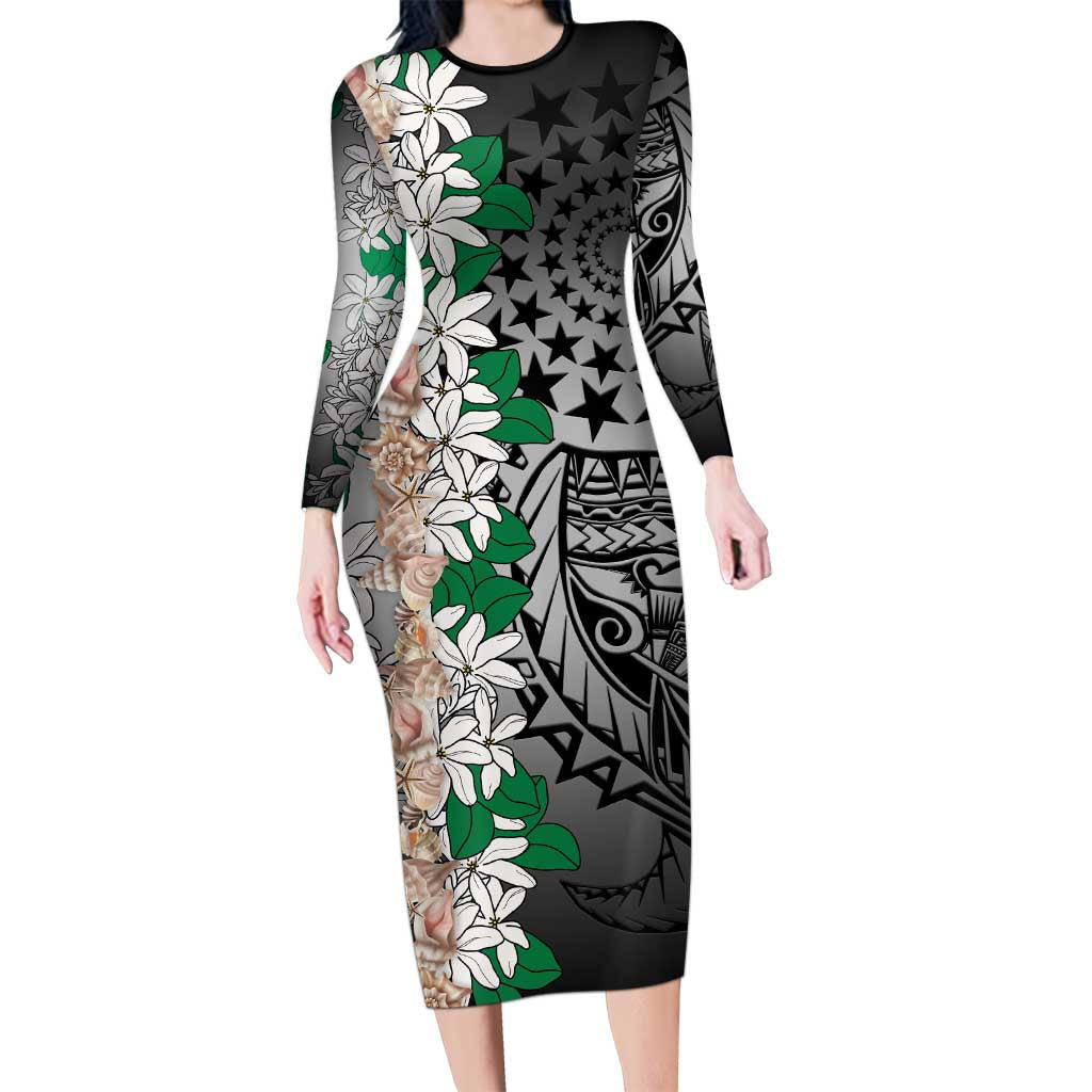 Cook Islands Tiare Maori With Conch Shell Long Sleeve Bodycon Dress Pasifika Fest Polynesian Tattoo Black LT14 Long Dress Black - Polynesian Pride