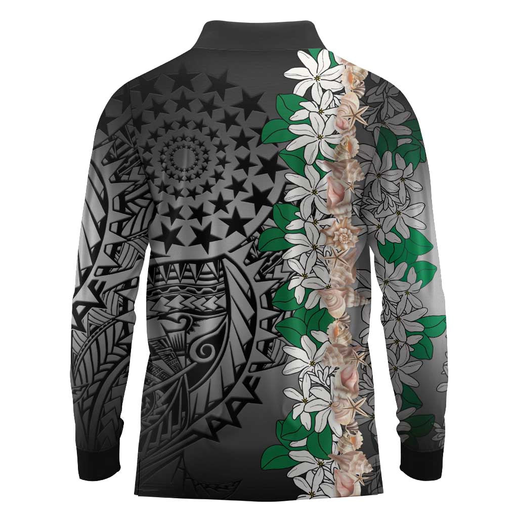 Cook Islands Tiare Maori With Conch Shell Long Sleeve Polo Shirt Pasifika Fest Polynesian Tattoo Black