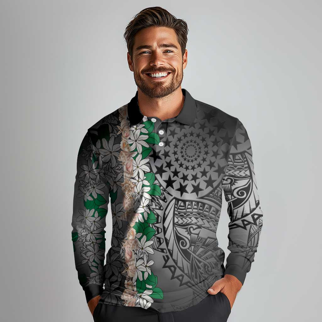 Cook Islands Tiare Maori With Conch Shell Long Sleeve Polo Shirt Pasifika Fest Polynesian Tattoo Black