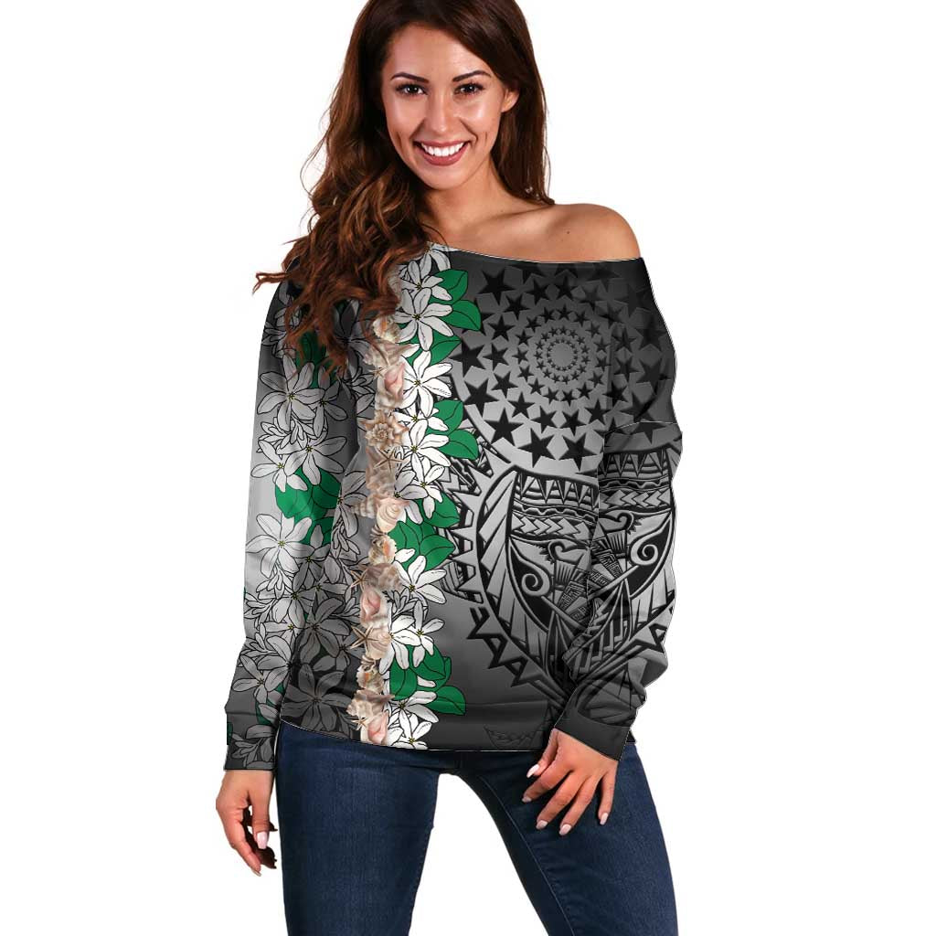 Cook Islands Tiare Maori With Conch Shell Off Shoulder Sweater Pasifika Fest Polynesian Tattoo Black LT14 Women Black - Polynesian Pride