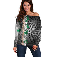 Cook Islands Tiare Maori With Conch Shell Off Shoulder Sweater Pasifika Fest Polynesian Tattoo Black LT14 Women Black - Polynesian Pride