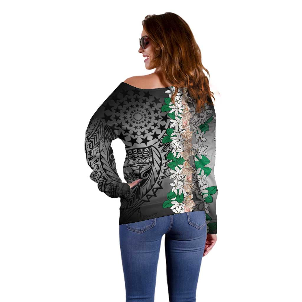 Cook Islands Tiare Maori With Conch Shell Off Shoulder Sweater Pasifika Fest Polynesian Tattoo Black LT14 - Polynesian Pride