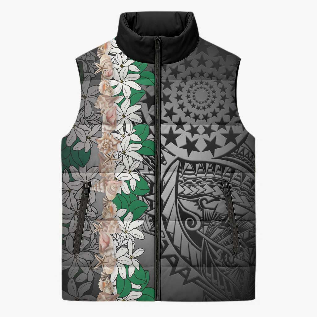 Cook Islands Tiare Maori With Conch Shell Sleeveless Puffer Jacket Pasifika Fest Polynesian Tattoo Black