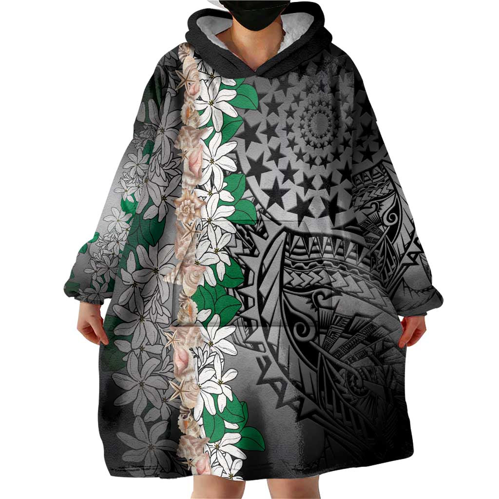 Cook Islands Tiare Maori With Conch Shell Wearable Blanket Hoodie Pasifika Fest Polynesian Tattoo Black