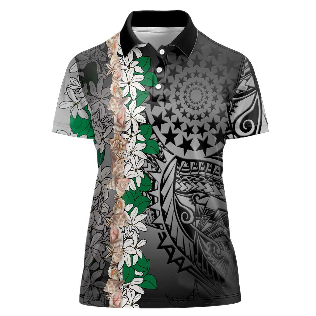 Cook Islands Tiare Maori With Conch Shell Women Polo Shirt Pasifika Fest Polynesian Tattoo Black LT14 Female Black - Polynesian Pride