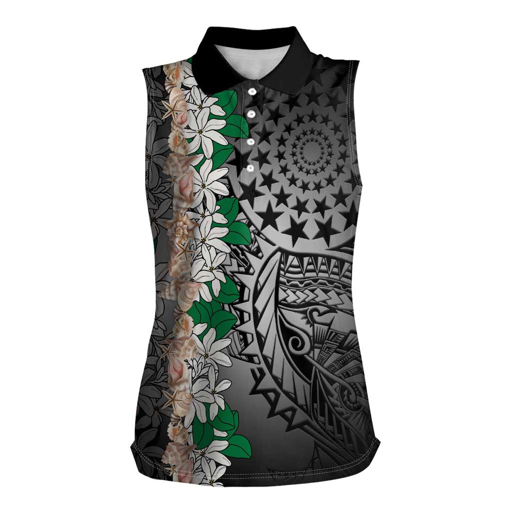 Cook Islands Tiare Maori With Conch Shell Women Sleeveless Polo Shirt Pasifika Fest Polynesian Tattoo Black LT14 Female Black - Polynesian Pride