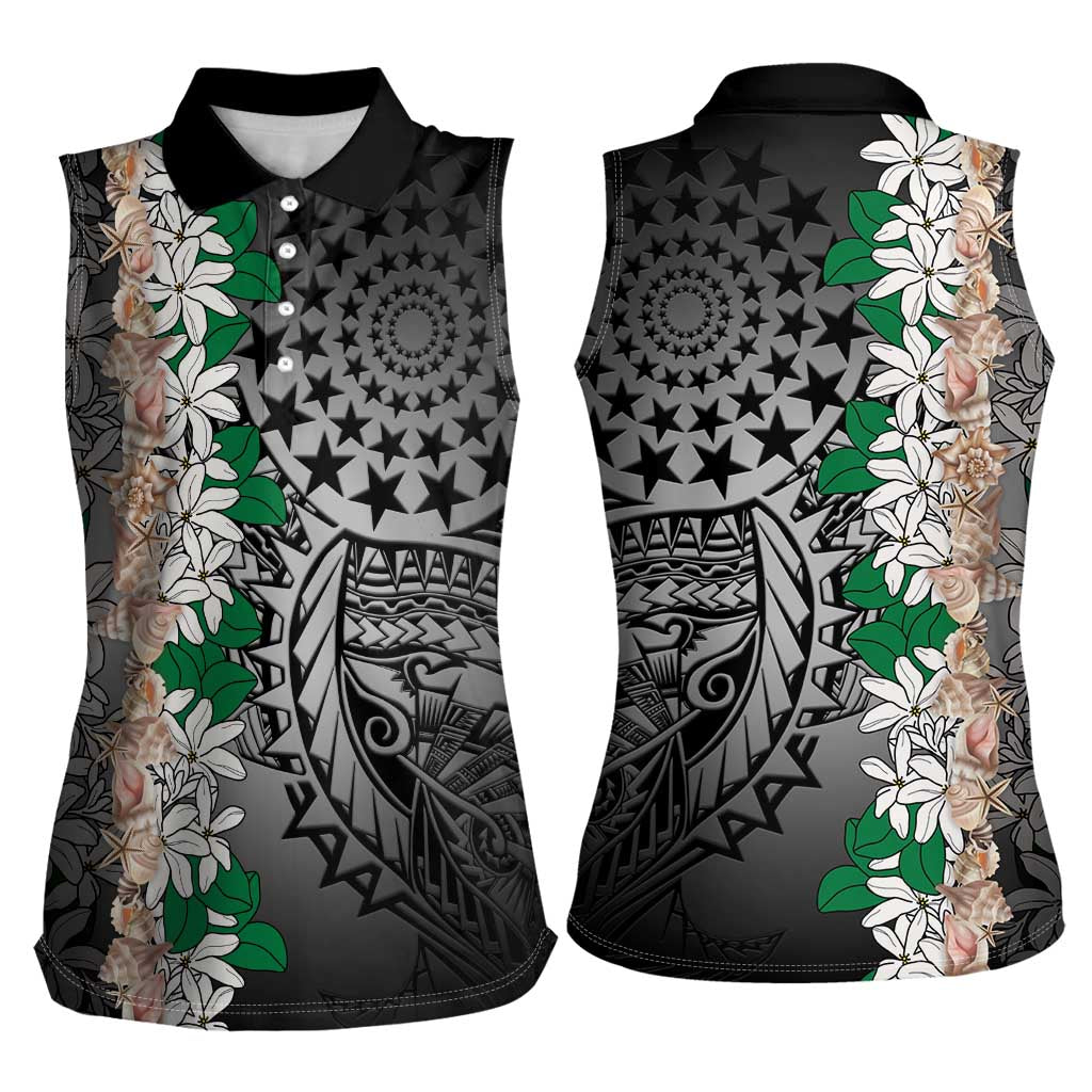 Cook Islands Tiare Maori With Conch Shell Women Sleeveless Polo Shirt Pasifika Fest Polynesian Tattoo Black LT14 - Polynesian Pride