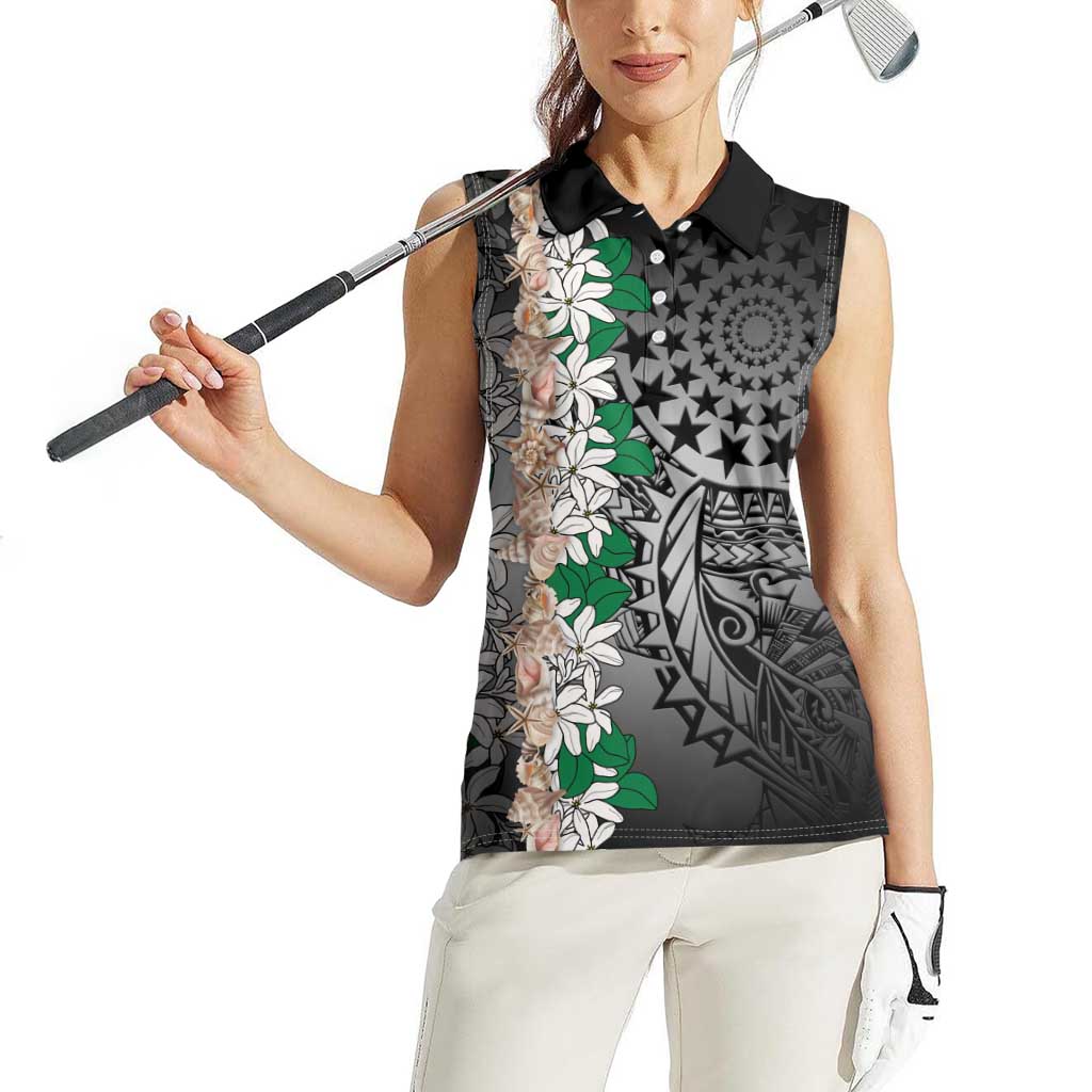 Cook Islands Tiare Maori With Conch Shell Women Sleeveless Polo Shirt Pasifika Fest Polynesian Tattoo Black LT14 - Polynesian Pride