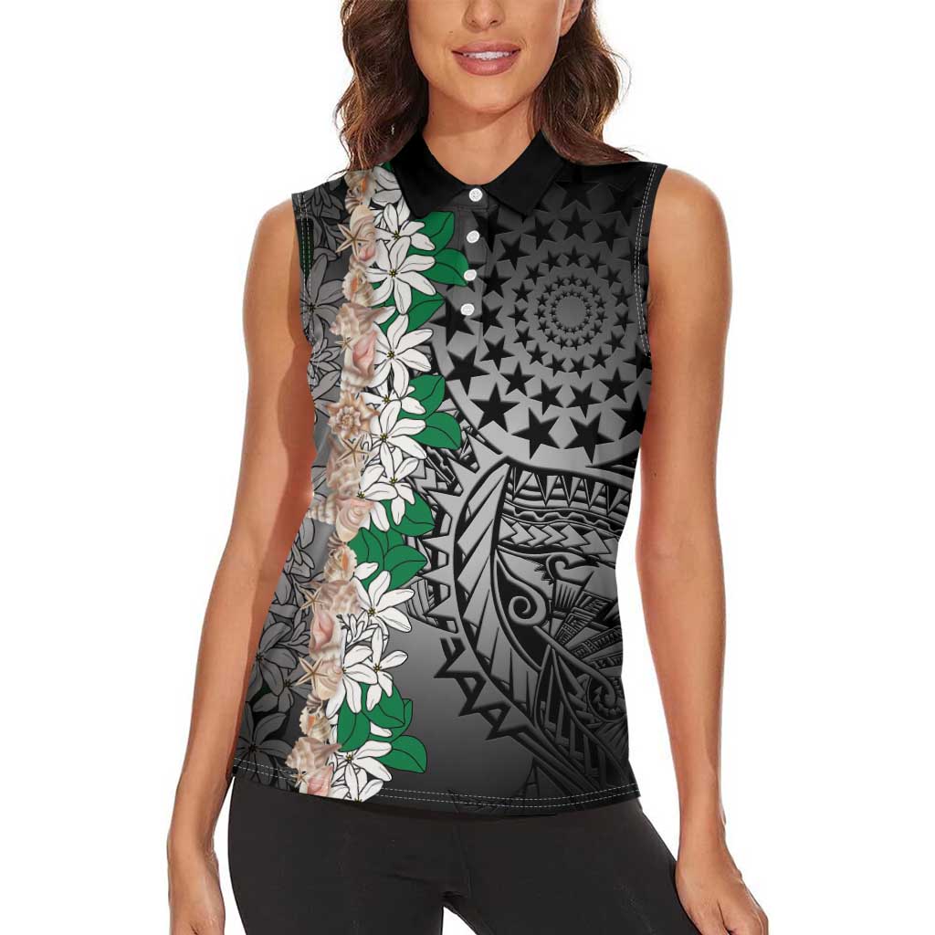 Cook Islands Tiare Maori With Conch Shell Women Sleeveless Polo Shirt Pasifika Fest Polynesian Tattoo Black LT14 - Polynesian Pride