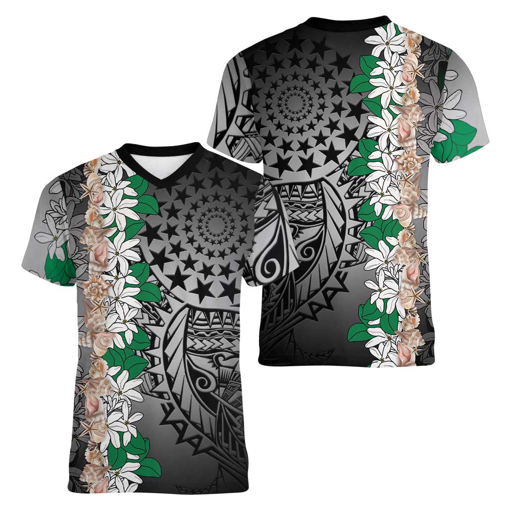 Cook Islands Tiare Maori With Conch Shell Women V-Neck T-Shirt Pasifika Fest Polynesian Tattoo Black LT14 - Polynesian Pride