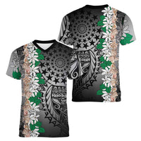 Cook Islands Tiare Maori With Conch Shell Women V-Neck T-Shirt Pasifika Fest Polynesian Tattoo Black LT14 - Polynesian Pride