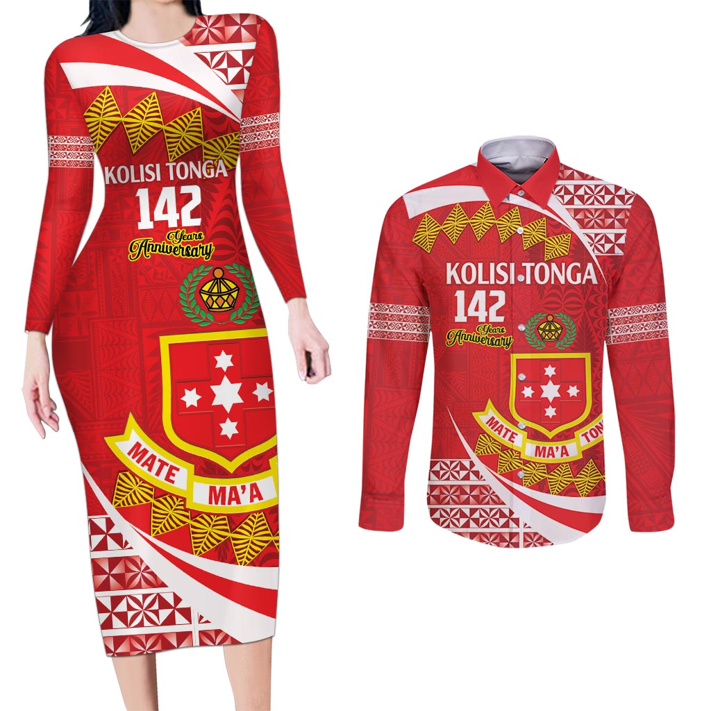 Personalised Kolisi Tonga College Atele Couples Matching Long Sleeve Bodycon Dress and Long Sleeve Button Shirt Mate Maa Tonga 142 Years Anniversary LT14 Red - Polynesian Pride