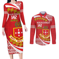 Personalised Kolisi Tonga College Atele Couples Matching Long Sleeve Bodycon Dress and Long Sleeve Button Shirt Mate Maa Tonga 142 Years Anniversary LT14 Red - Polynesian Pride