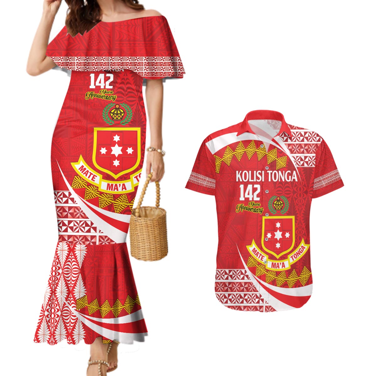 Personalised Kolisi Tonga College Atele Couples Matching Mermaid Dress and Hawaiian Shirt Mate Maa Tonga 142 Years Anniversary LT14 Red - Polynesian Pride